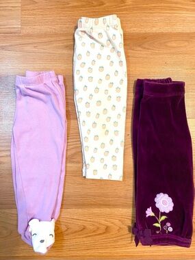 6-12 MONTH GIRL PANTS BUNDLE SET OF 3! FOOTIE PANTS BEAR VELVET FRUIT LEGGINGS